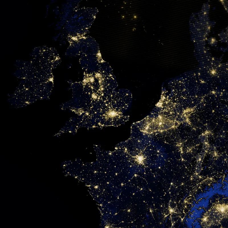 Nordwesteuropa bei Nacht, Satellitenaufnahme der künstlichen Beleuchtung